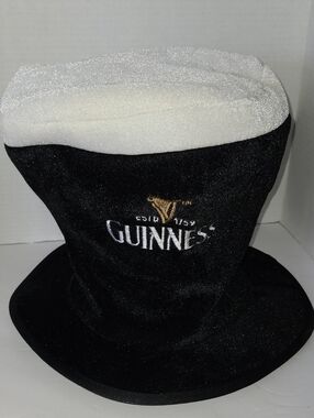 Guinness Pint Black Plush Top Hat with White Foam Brim and Gold Harp